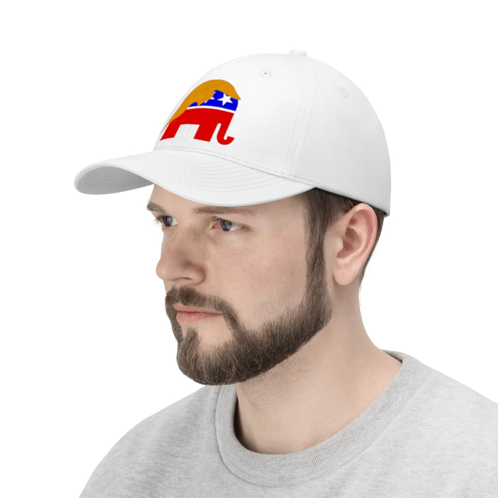 GOP Symbol With Trump Hair Twill Cap worn by a man, featuring a colorful GOP elephant design.