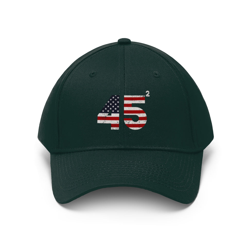 45 Squared Twill Cap Bold Numeric Statement Hat with American flag design and bold 45² logo.