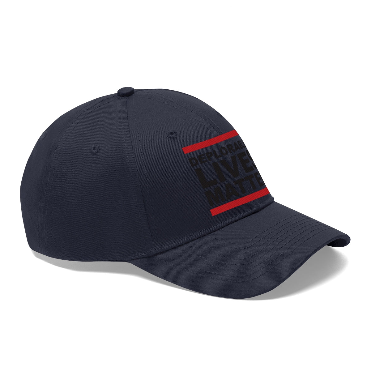 Deplorable Lives Matter Twill Cap in navy blue with bold text design for political expression.