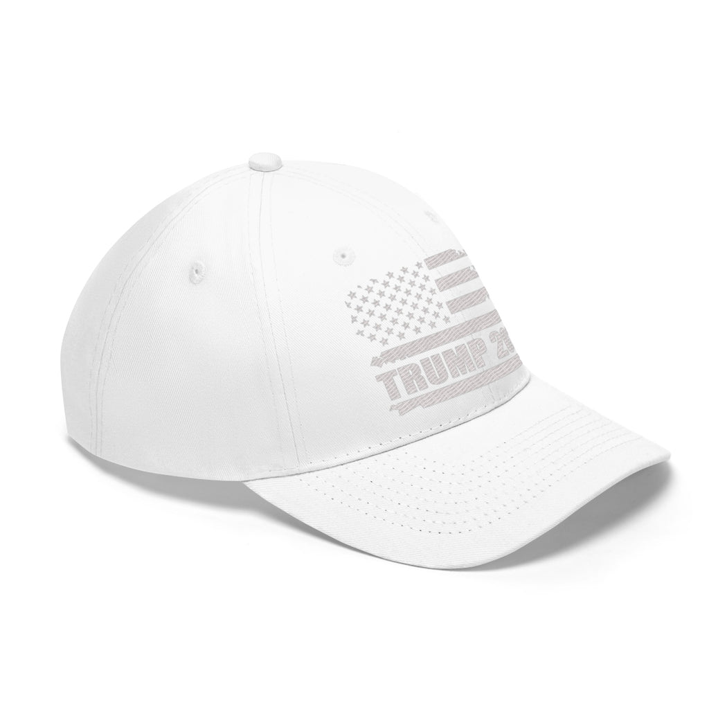 Trump 2020 Distressed American Flag Wht Ltrs Twill Cap displayed side view on a white background.