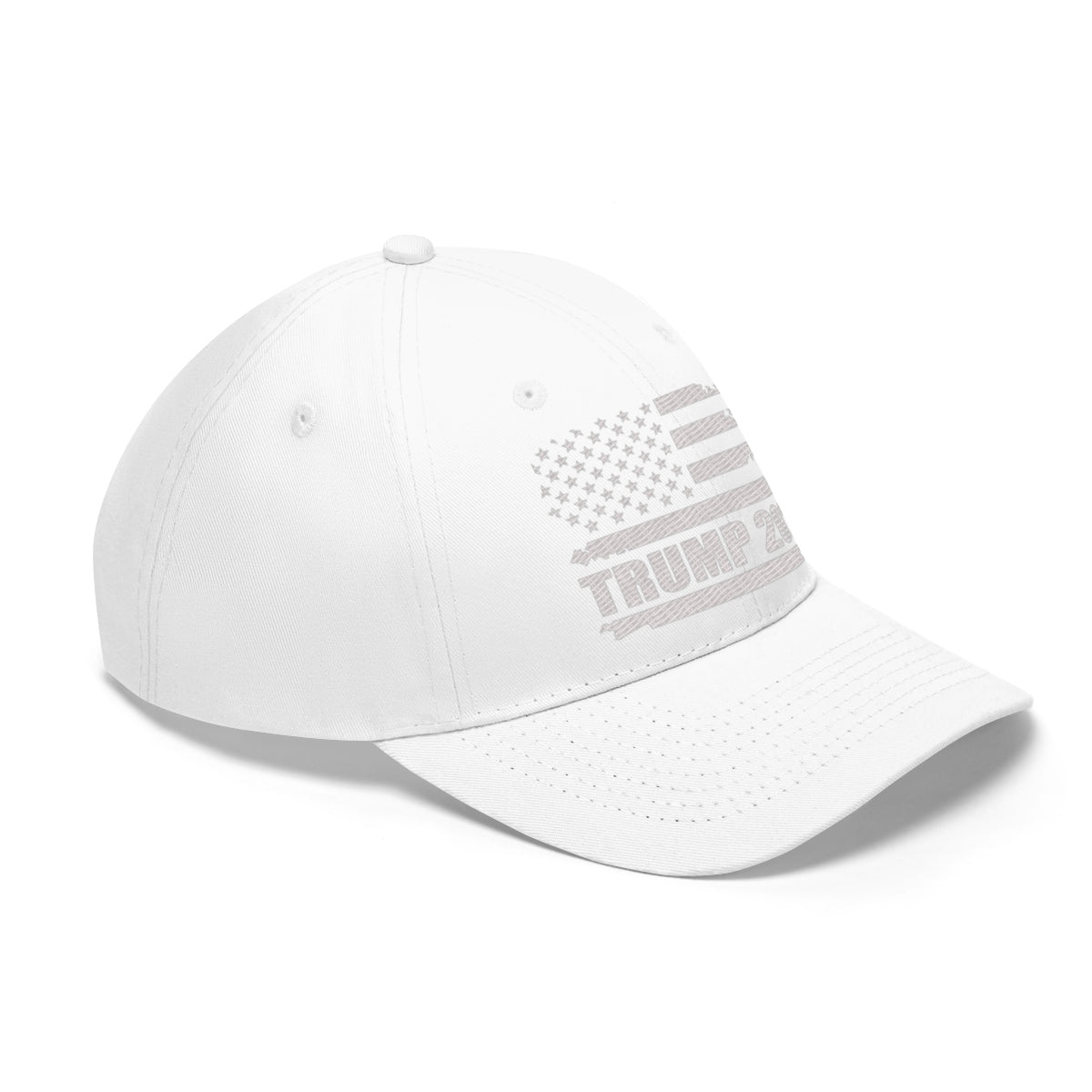 Trump 2020 Distressed American Flag Wht Ltrs Twill Cap displayed side view on a white background.