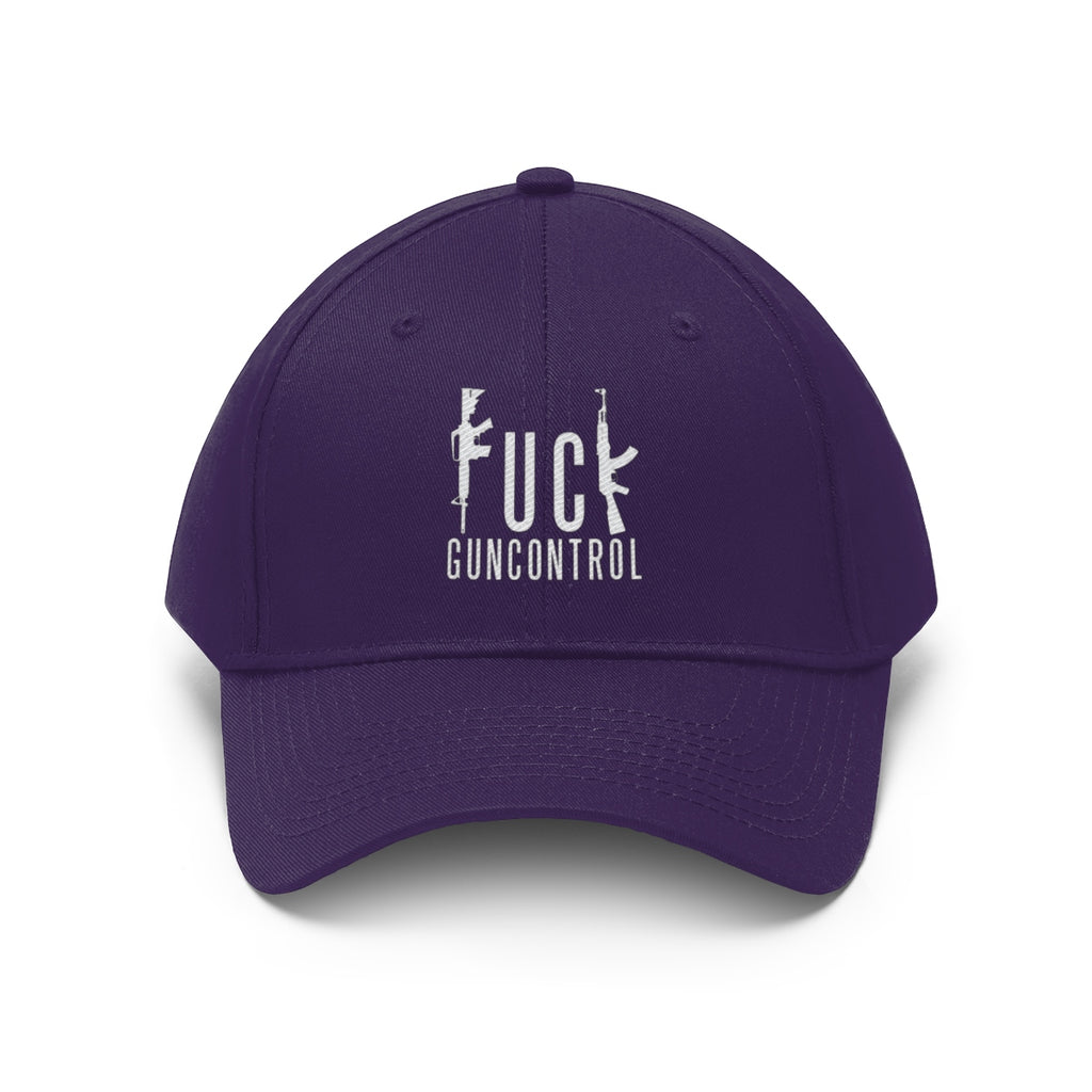 Vintage Fuck Gun Control Cotton Twill Cap in purple with a bold graphic design on the front.
