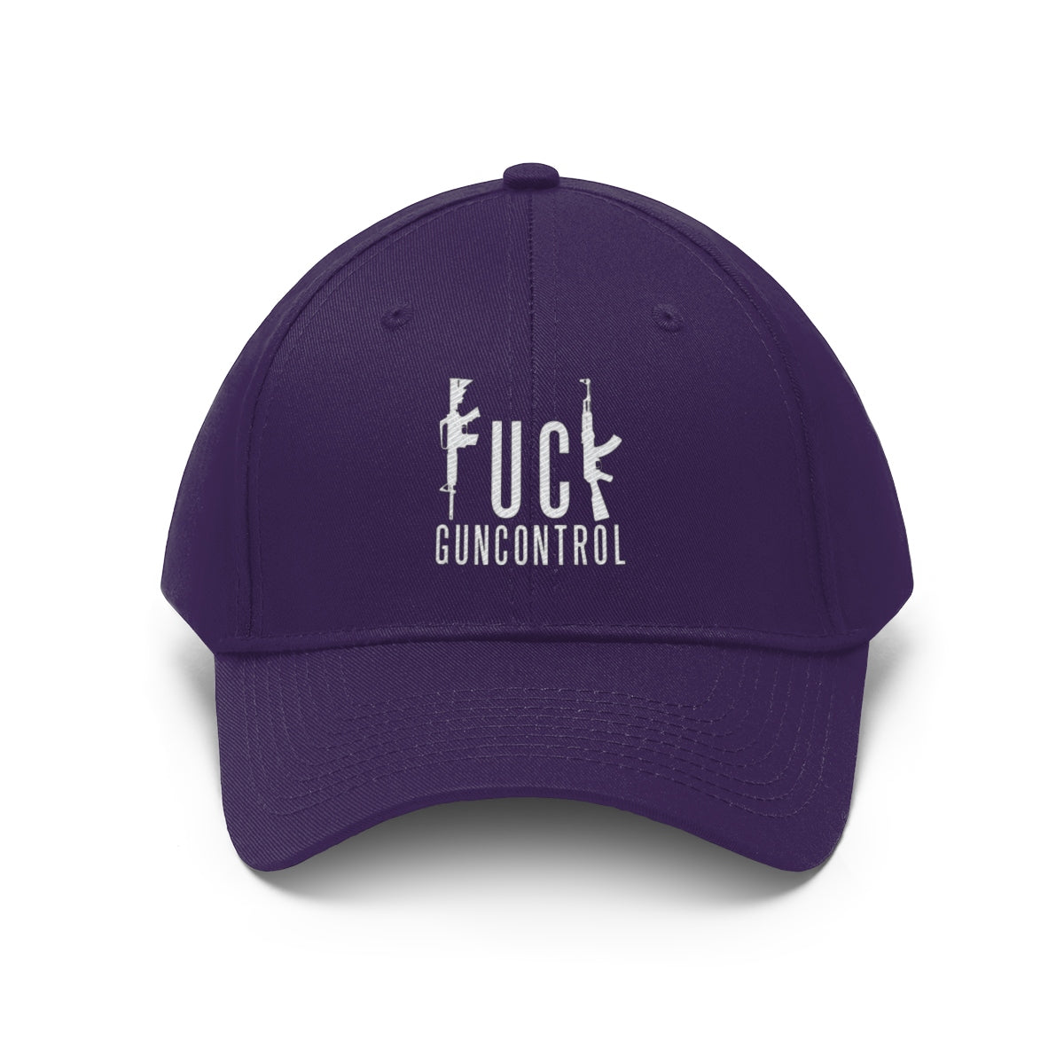 Vintage Fuck Gun Control Cotton Twill Cap in purple with a bold graphic design on the front.