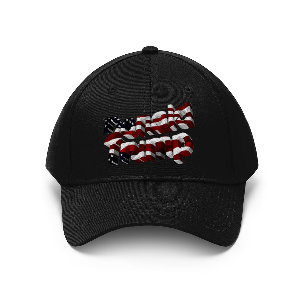 Donald Trump With American Flag Colors Twill Cap featuring a bold design on a classic black cap.