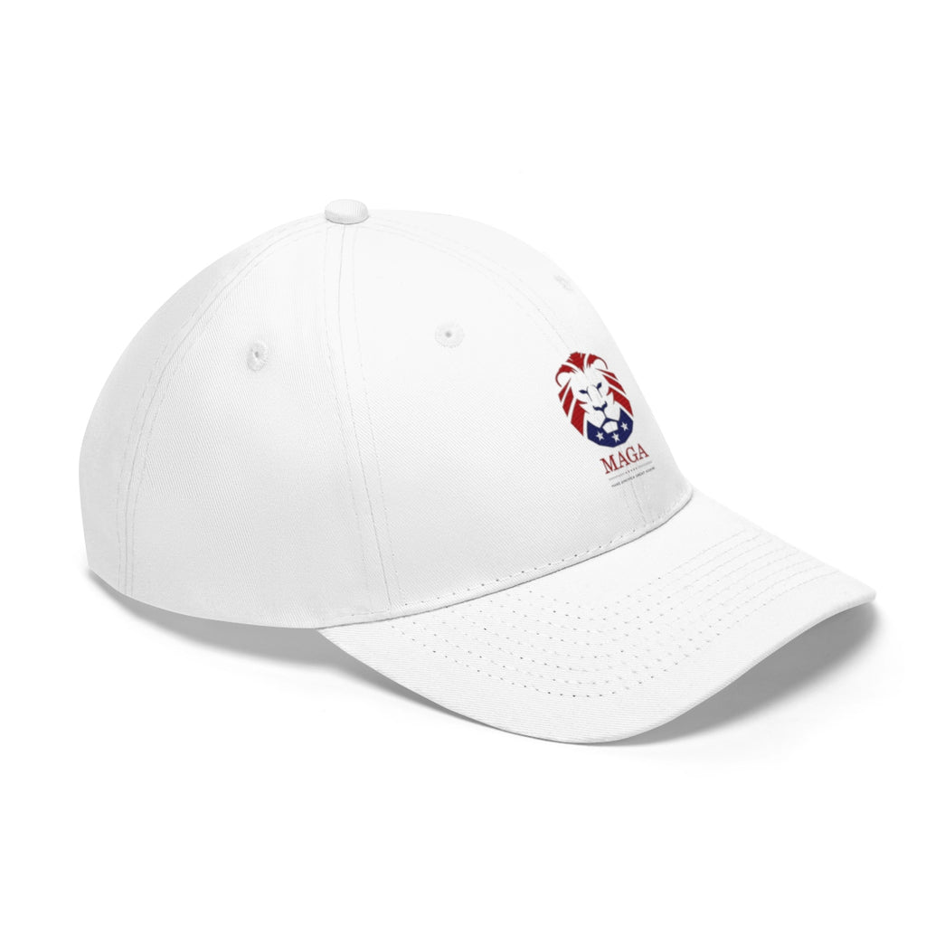 MAGA Lion Embroidered Cotton Twill Cap Design on a white cap showcasing a lion logo and MAGA text.