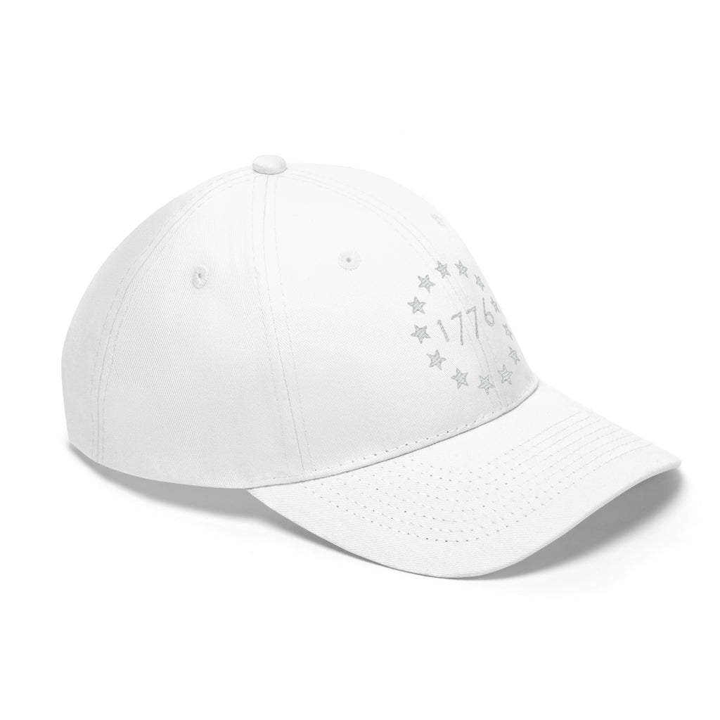 Vintage Betsy Ross Stars Cotton Twill Cap side view with 1776 and star design on a white background.