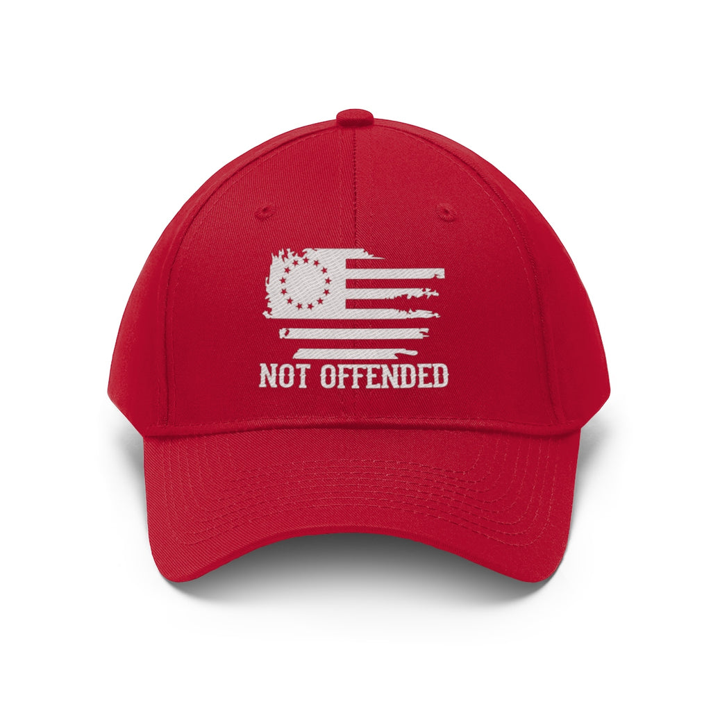 Embroidered Not Offended Adjustable Twill Cap in red with embroidered American flag design.