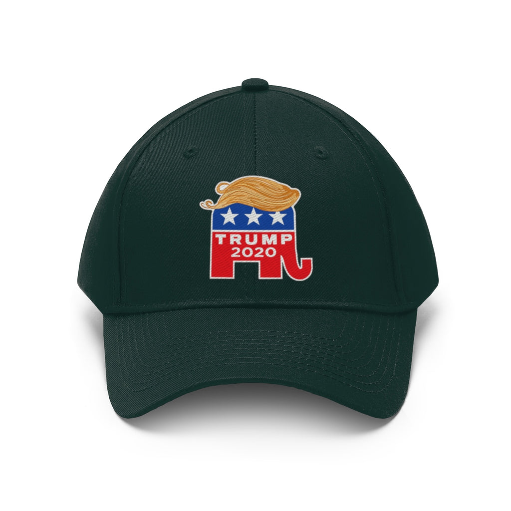 Hair 2020 Twill Baseball Cap Featuring Trump in dark green with embroidered logo design.