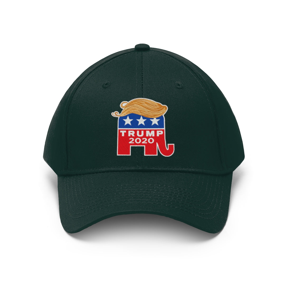 Hair 2020 Twill Baseball Cap Featuring Trump in dark green with embroidered logo design.