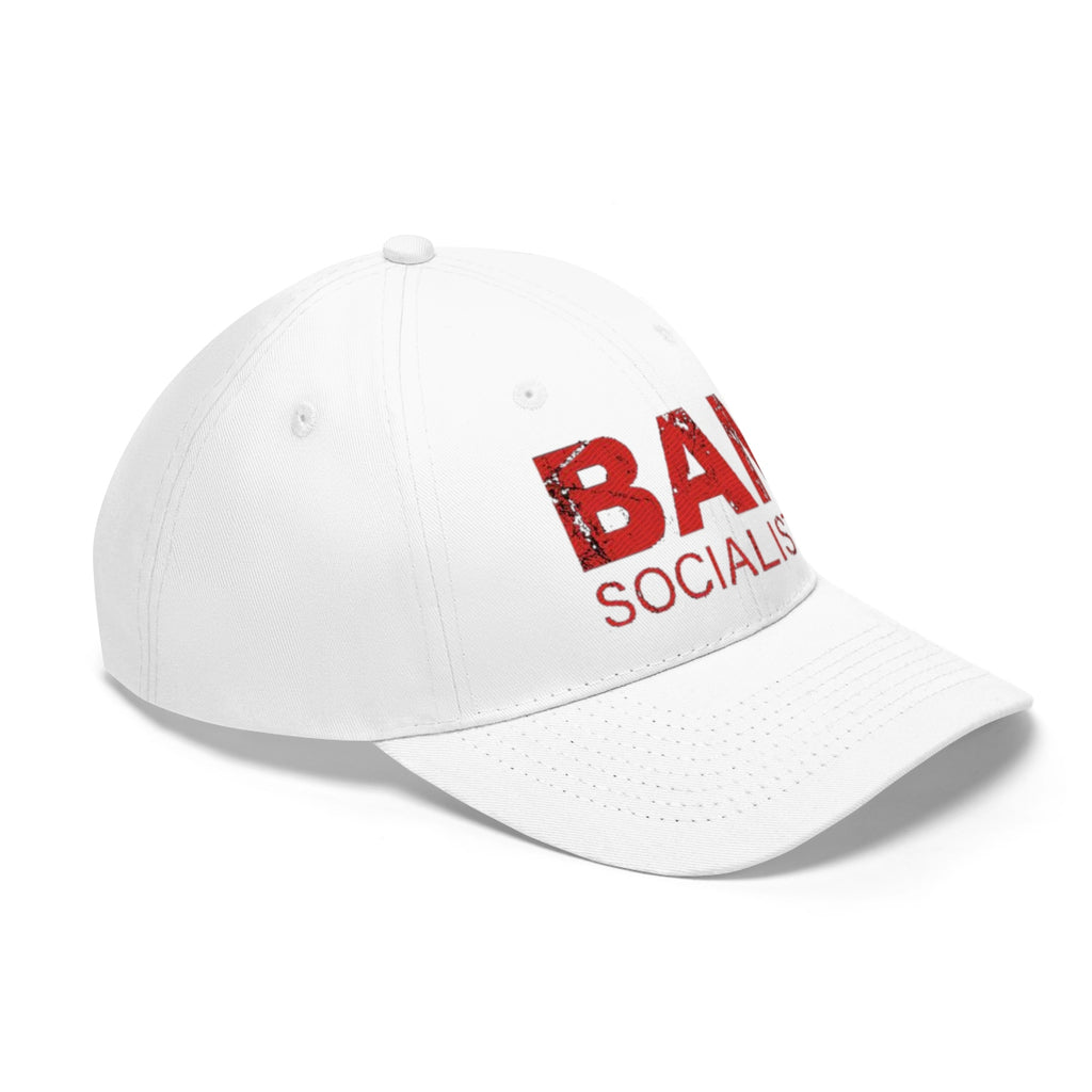Ban Socialists Twill Cap Bold Message Graphic Cap featuring a bold red graphic on a white dad hat.