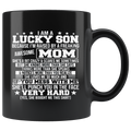 Lucky Son Raised By An Awesome Mom black ceramic mug with humorous text, perfect gift for sons, dishwasher and microwave safe.