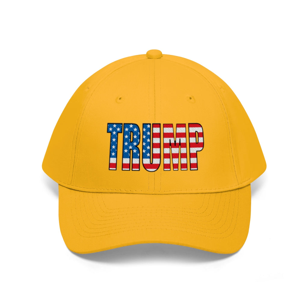 American Flag Twill Cap Patriotic Trump Classic Cap featuring a yellow design with the word 'TRUMP' in American flag colors.
