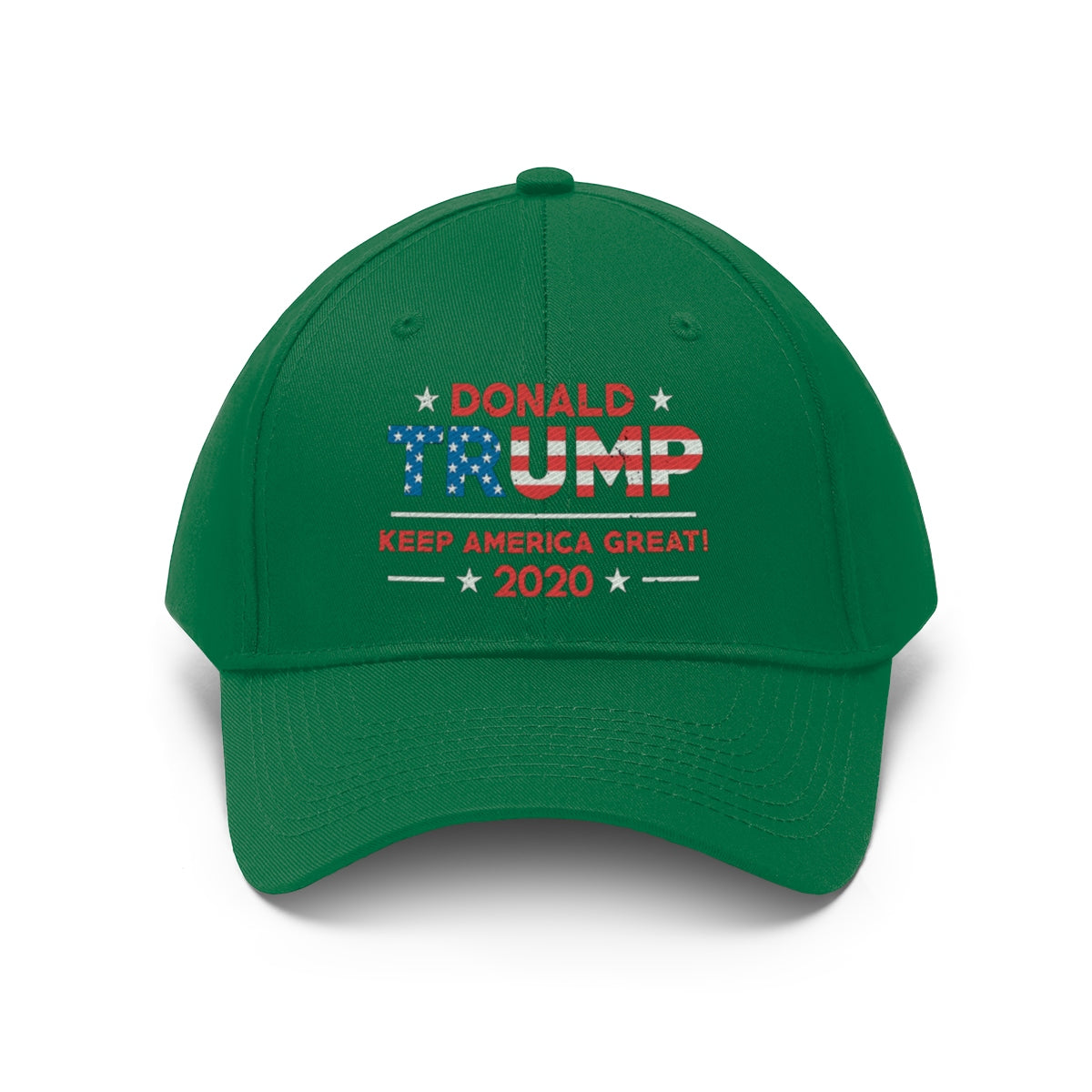 Donald Trump Keep America Great 2020 Twill Cap in green with patriotic design and slogan.
