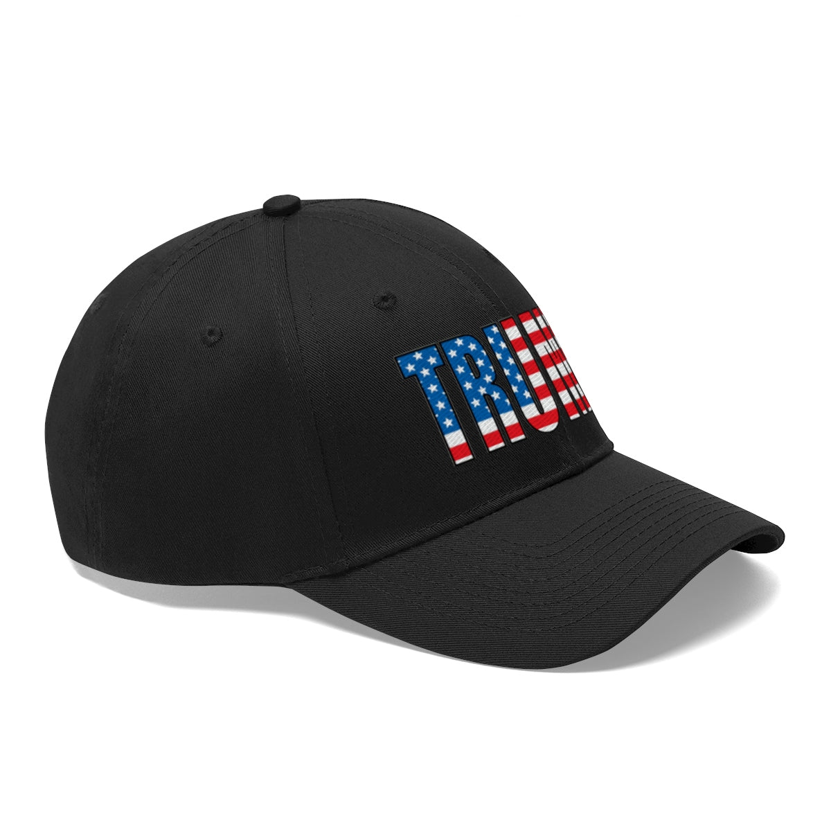 American Flag Twill Cap Patriotic Trump Classic Cap featuring bold 'TRUMP' design on a black dad hat.
