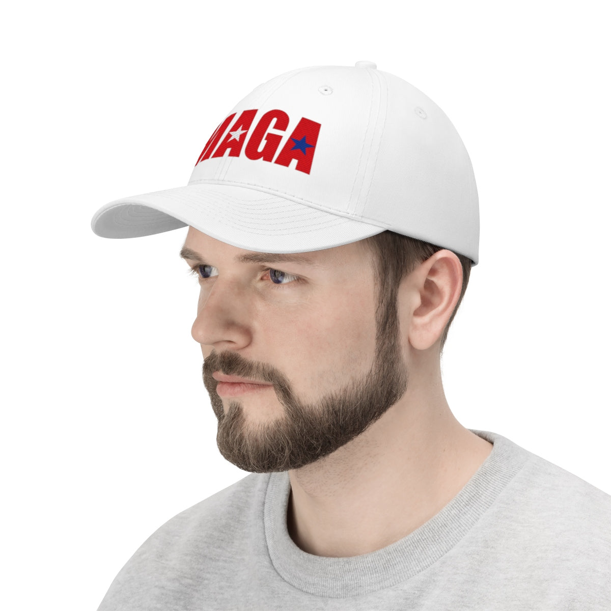 Embroidered MAGA Cotton Twill Cap Design worn by a man with beard, showcasing a bold political statement.
