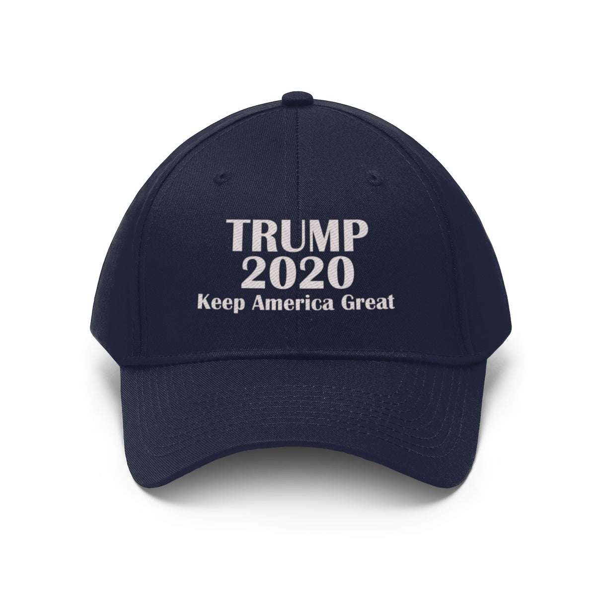 Trump 2020 Keep America Great Campaign Twill Cap featuring bold text design on a navy hat.