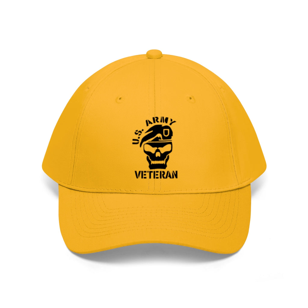 Vintage Twill Baseball Cap US Army Veteran with skull design in bold black on a yellow cap.