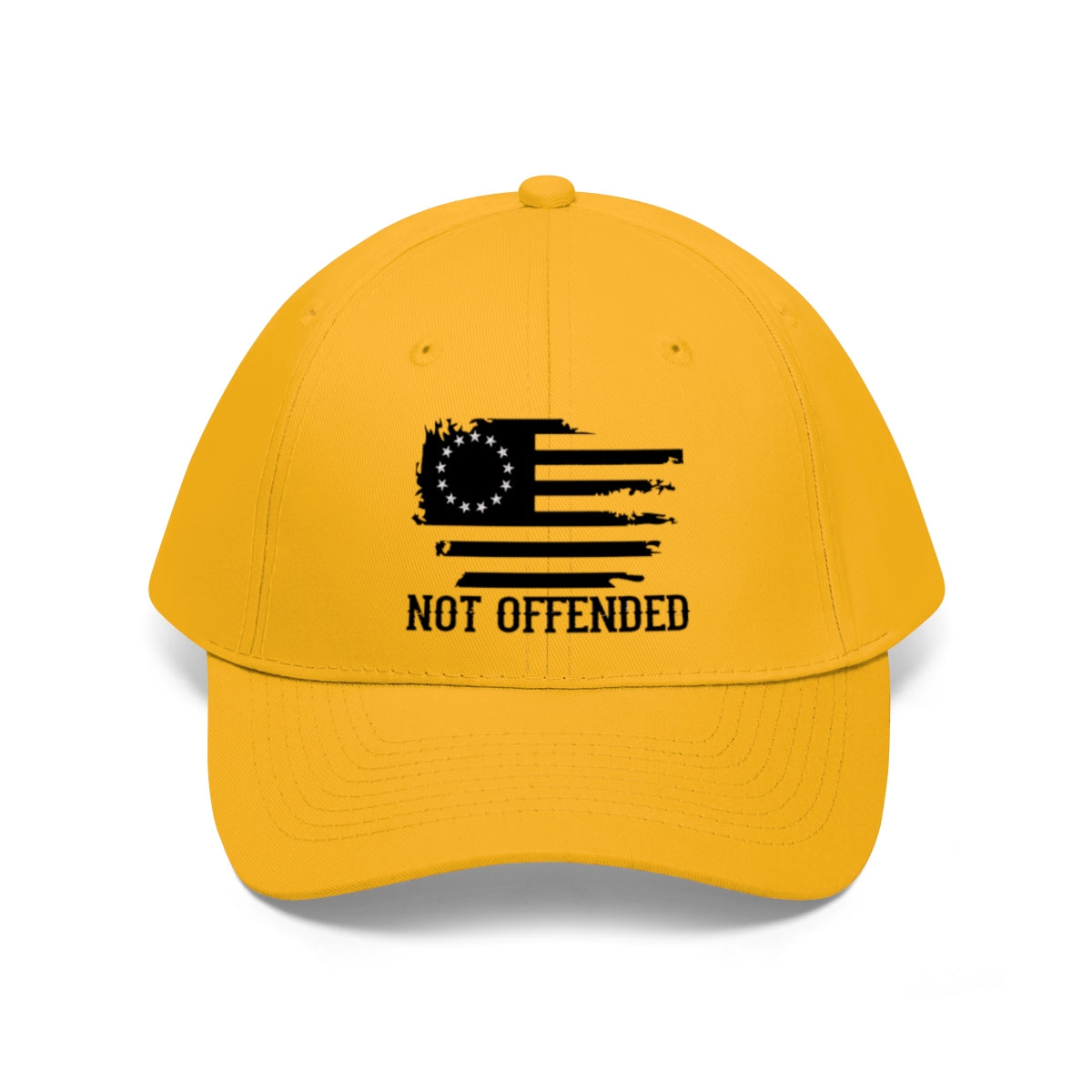 Embroidered Not Offended Casual Twill Hat featuring a unique design with a flag and the phrase NOT OFFENDED on a yellow cap.
