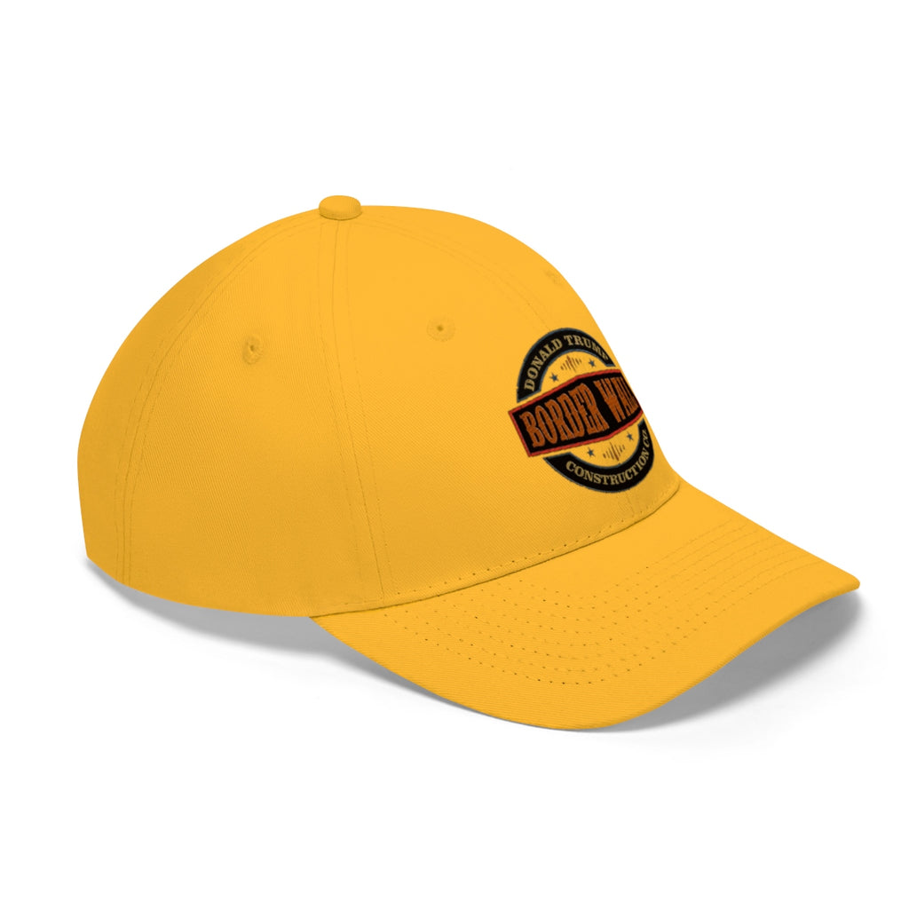 Classic Border Wall Twill Cap Donald Trump in vibrant yellow with bold design.