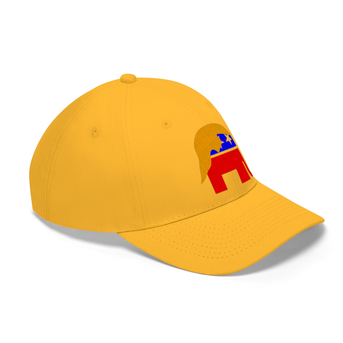 GOP Symbol With Trump Hair Twill Cap showcasing a bold yellow design for passionate patriots and conservative voters.
