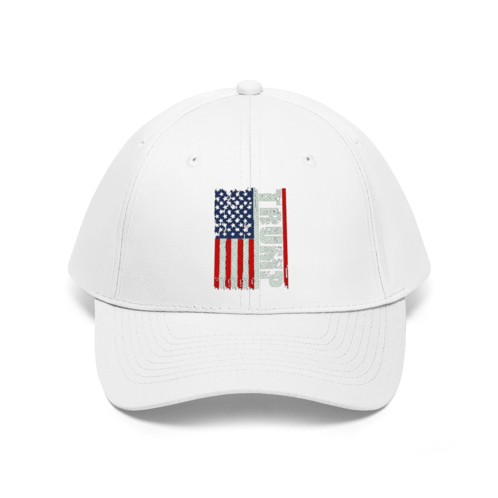 Trump On Verticle Distressed American Flag Twill Cap featuring a bold design with an American flag and text.