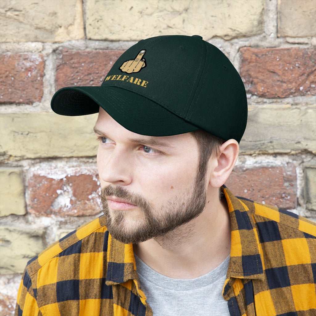 Vintage Fuck Welfare Cotton Twill Cap Design worn by a man with a beard and flannel shirt against a brick wall.