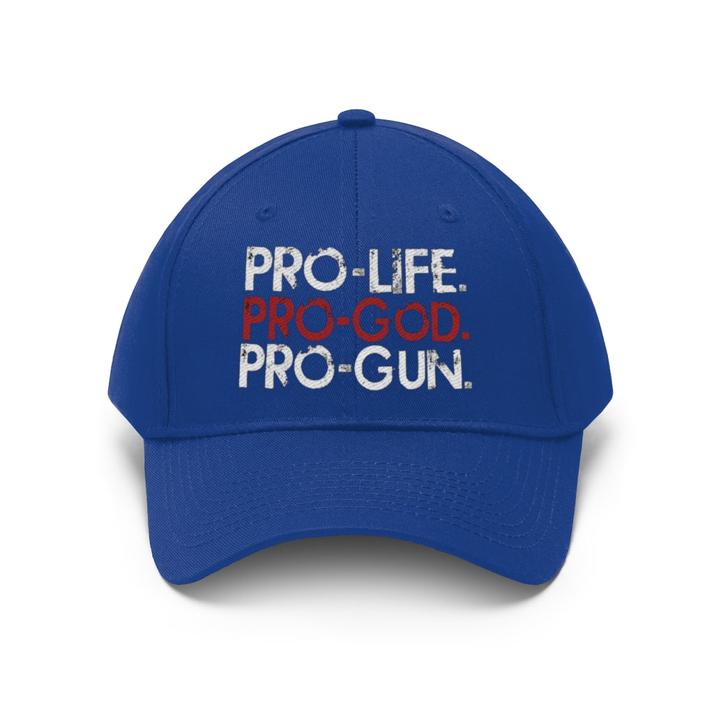 Pro-Life Pro-God Pro-Gun Cotton Twill Cap in blue with bold text statement on values.