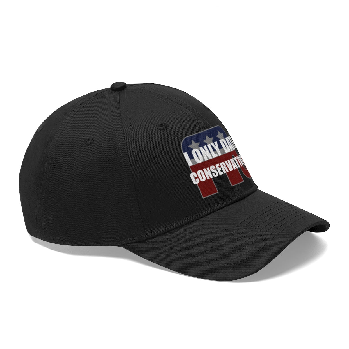 I Only Date Conservatives Twill Cap with patriotic design in black color