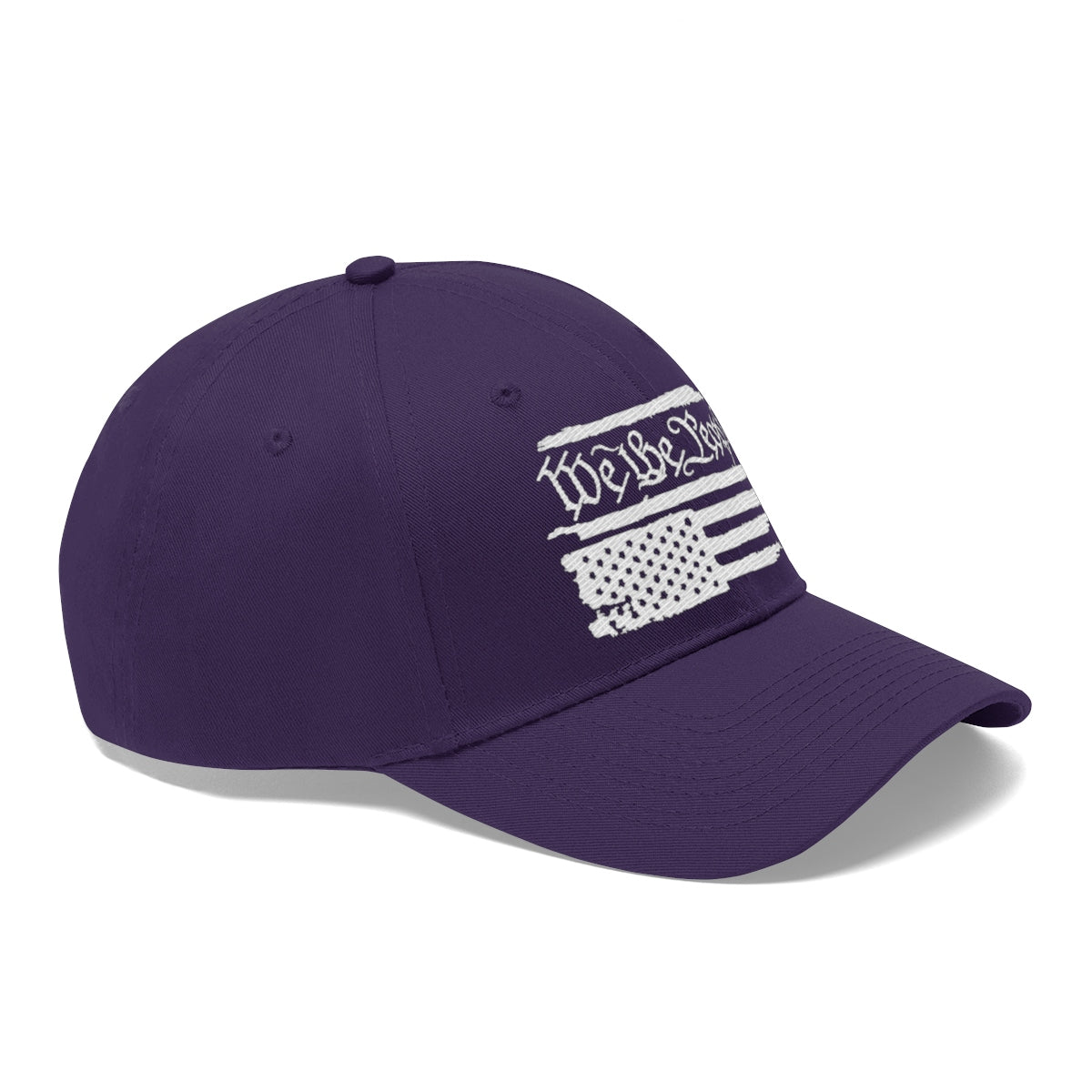 We The People On Distressed American Flag Twill Cap in purple with bold American flag design.