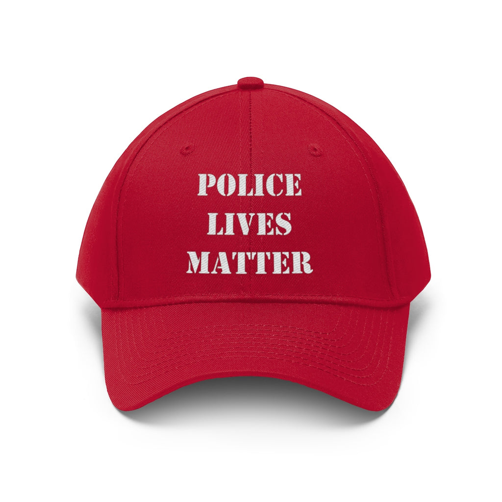Embroidered Police Lives Matter Twill Cap in red with bold white lettering supporting law enforcement.