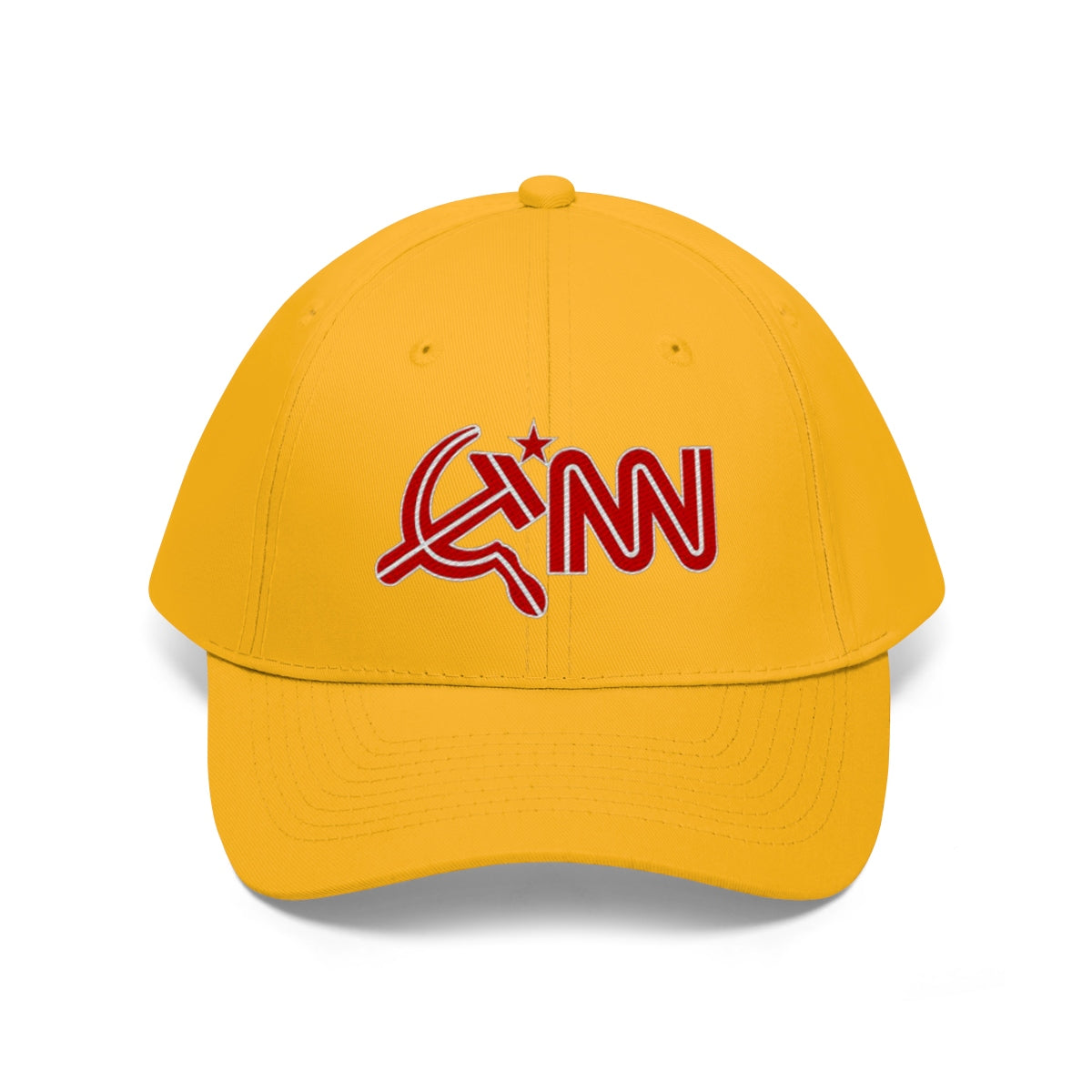 CNN Logo as Hammer and Sickle Twill Cap in yellow, a bold political statement headwear.