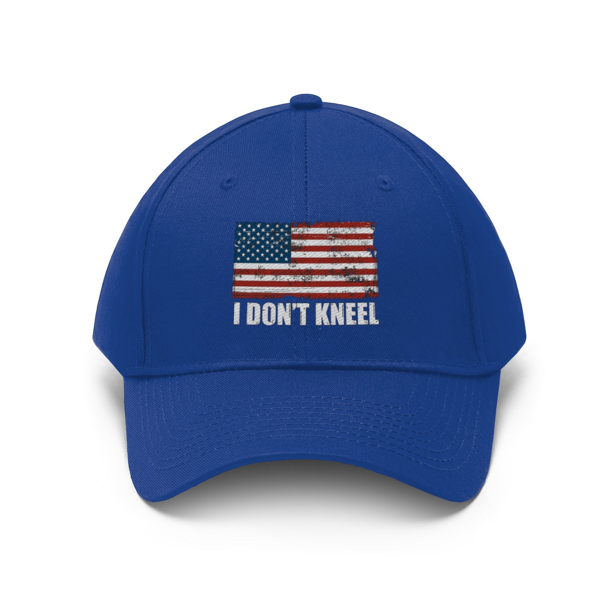 I Don't Kneel American Flag Twill Cap in blue with distressed American flag design on the front.