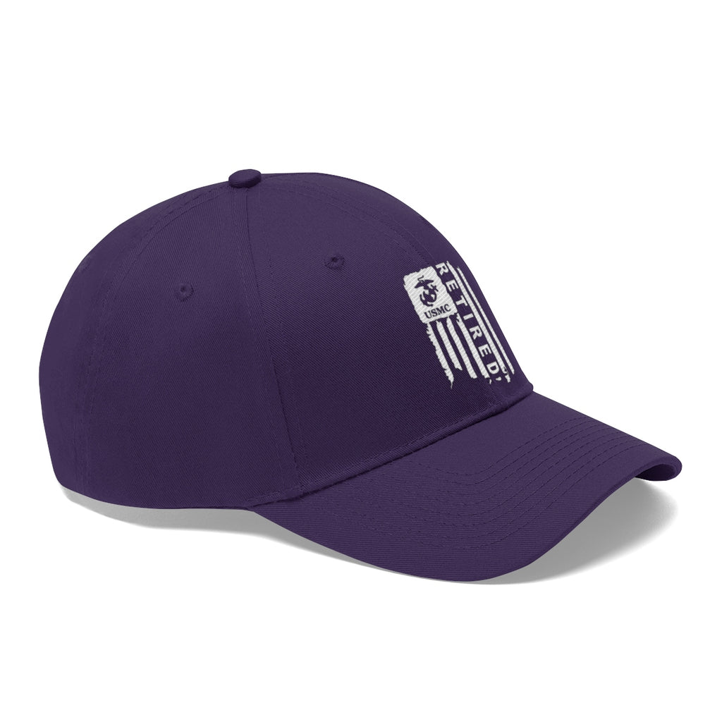 USMC Retired On Distressed American Flag Twill Cap featuring a purple design and iconic military emblem