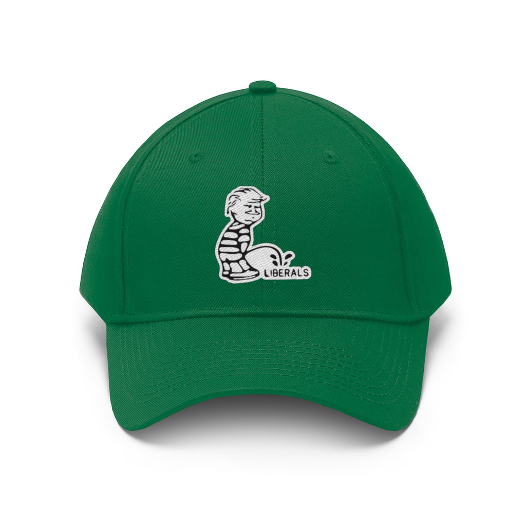 Trump USA Pride Embroidered Twill Cap featuring playful design and vibrant green color, perfect for political statement.
