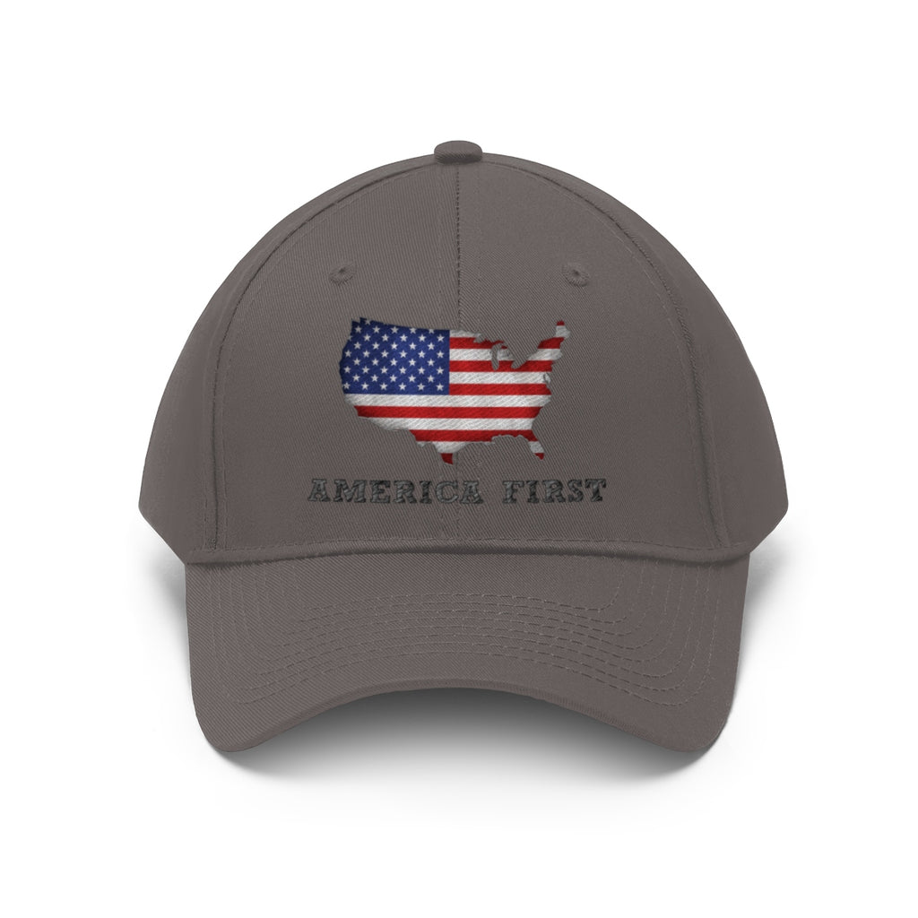 America First With American Flag Twill Cap showcasing USA map and flag design.