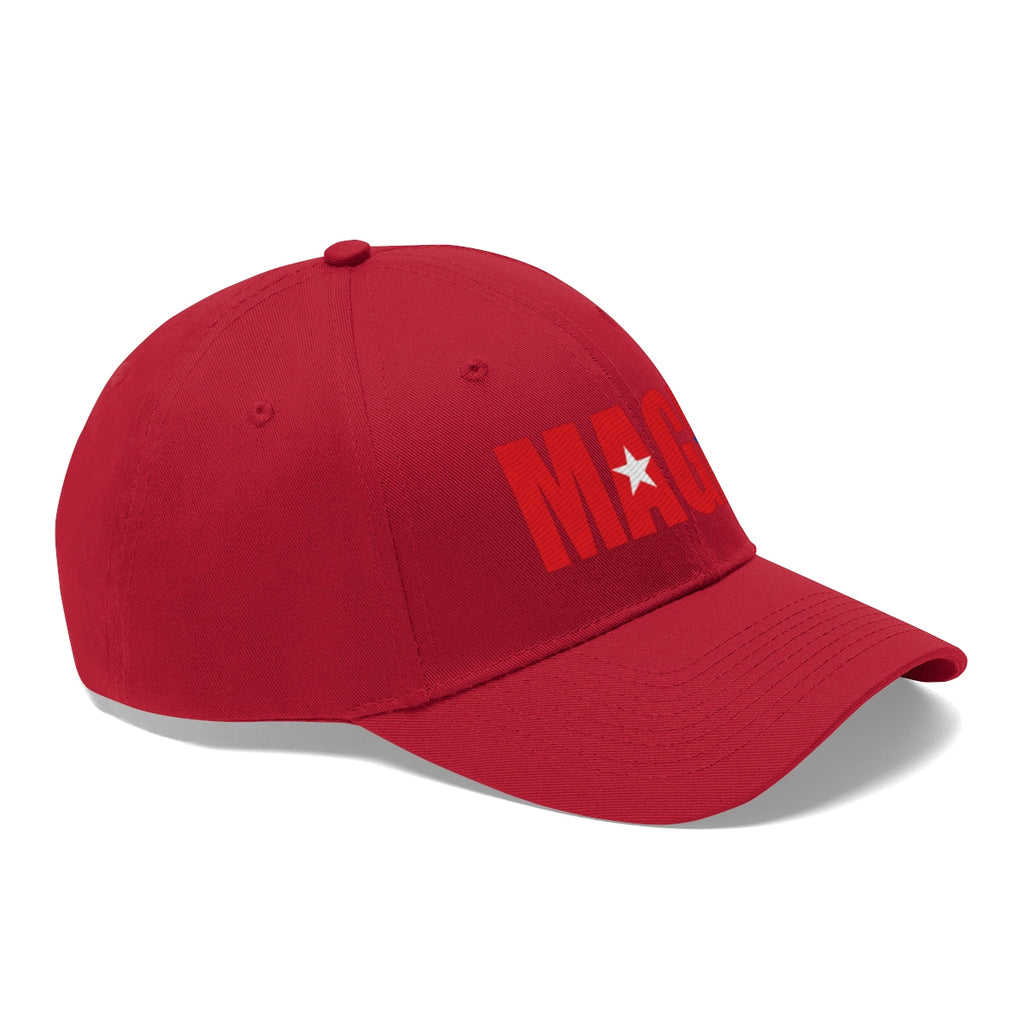 Embroidered MAGA Cotton Twill Cap Design in red with bold MAGA text and a star detail.