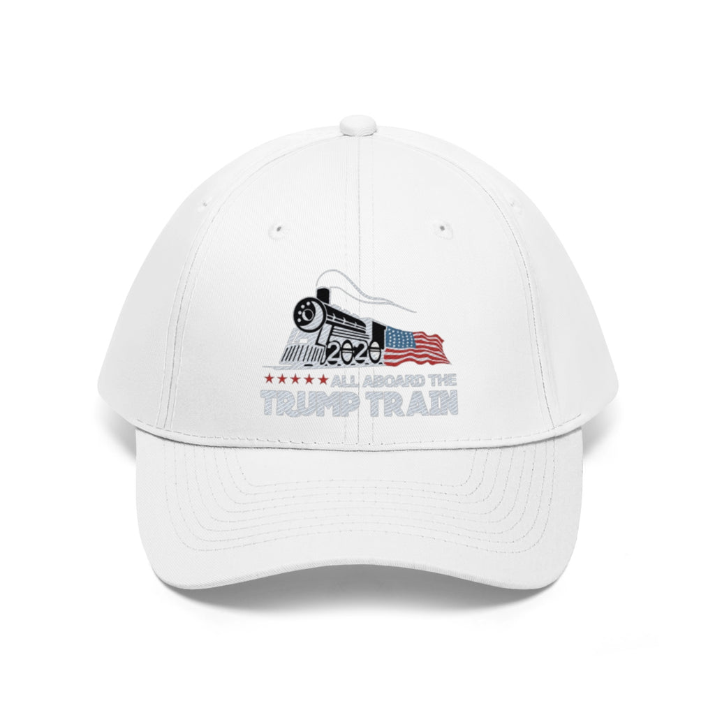 All Aboard The Trump Train 2020 Twill Cap featuring train design and patriotic elements in white.