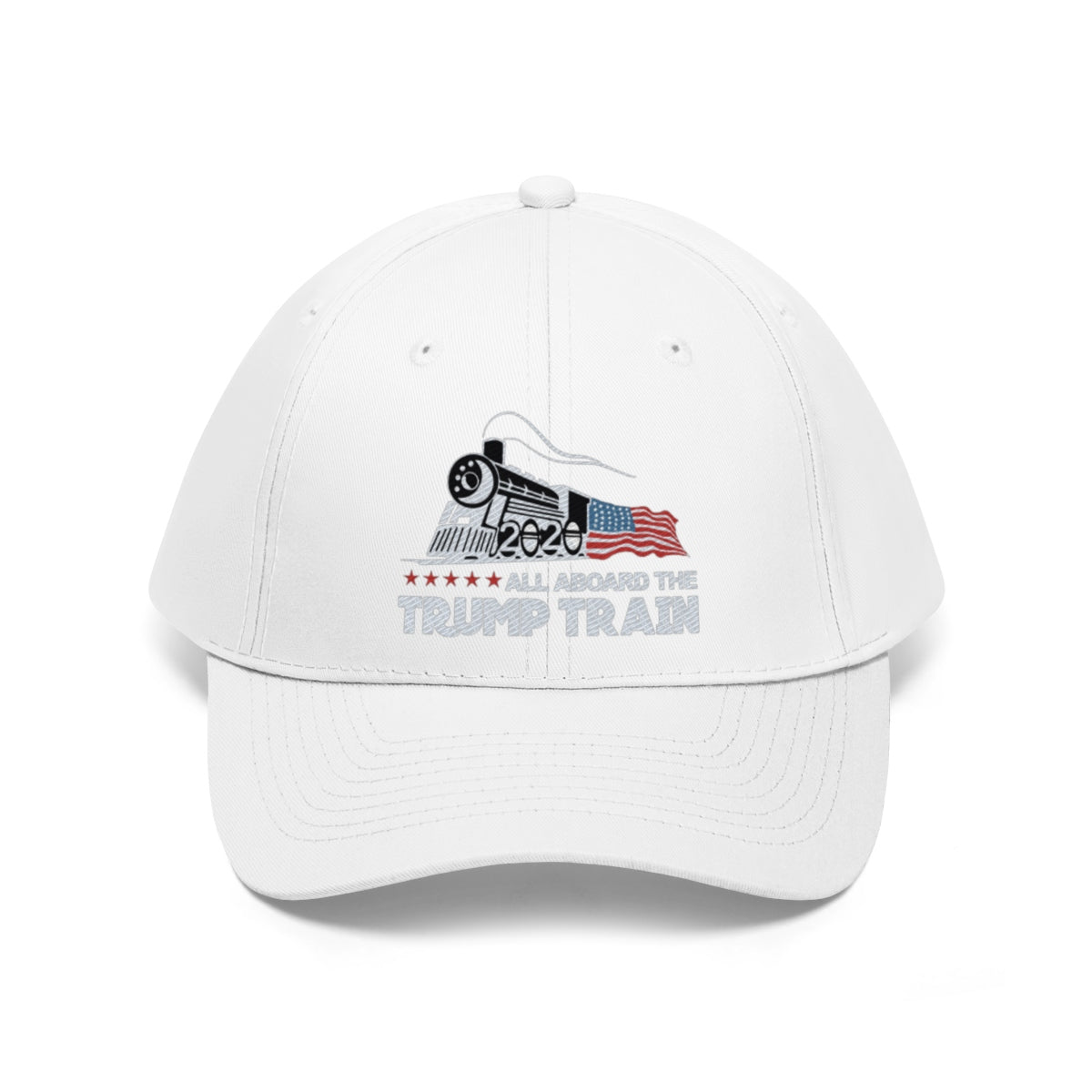 All Aboard The Trump Train 2020 Twill Cap featuring train design and patriotic elements in white.