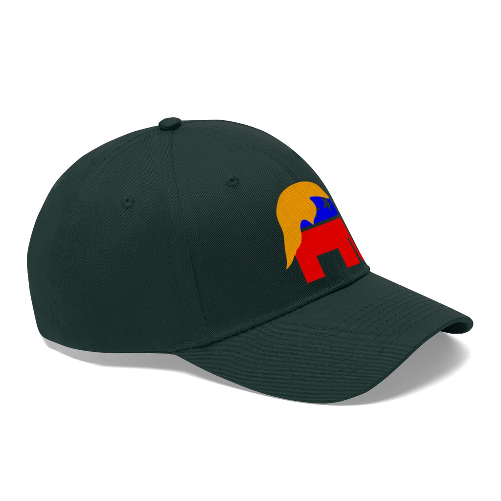 GOP Symbol With Trump Hair Twill Cap, a stylish dad hat for passionate patriots and conservative voters.