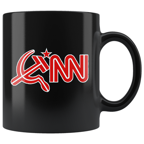 CNN Logo As Hammer & Sickle Blk mug with red logo on a black ceramic mug. High gloss finish, perfect for hot and cold beverages.