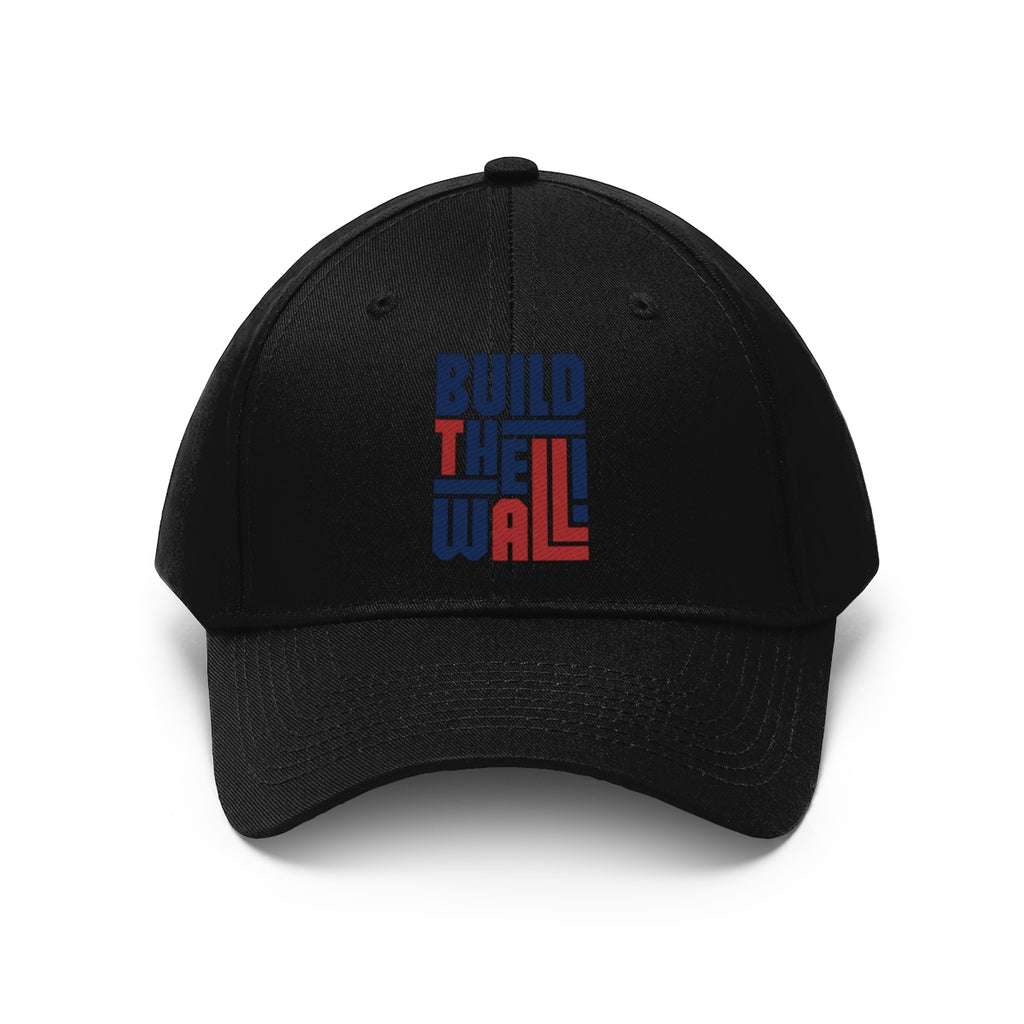 Build The Wall Twill Cap Classic Statement Wear Cap in black with colorful text design.