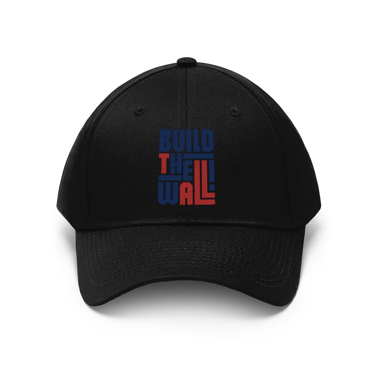 Build The Wall Twill Cap Classic Statement Wear Cap in black with colorful text design.