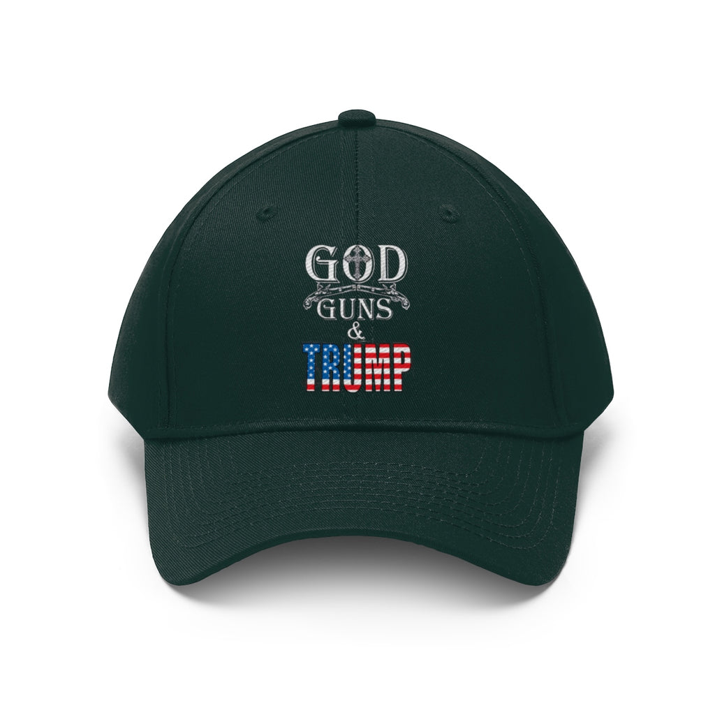 God Guns And Twill Cap Trump Patriotic Statement Hat featuring bold text and patriotic design in black.