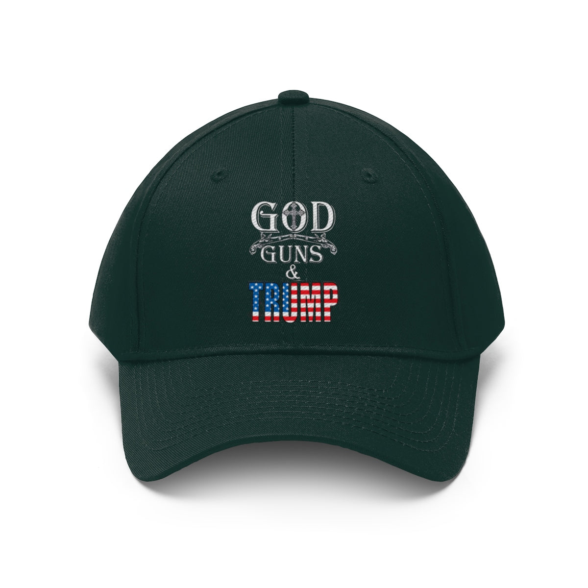 God Guns And Twill Cap Trump Patriotic Statement Hat featuring bold text and patriotic design in black.