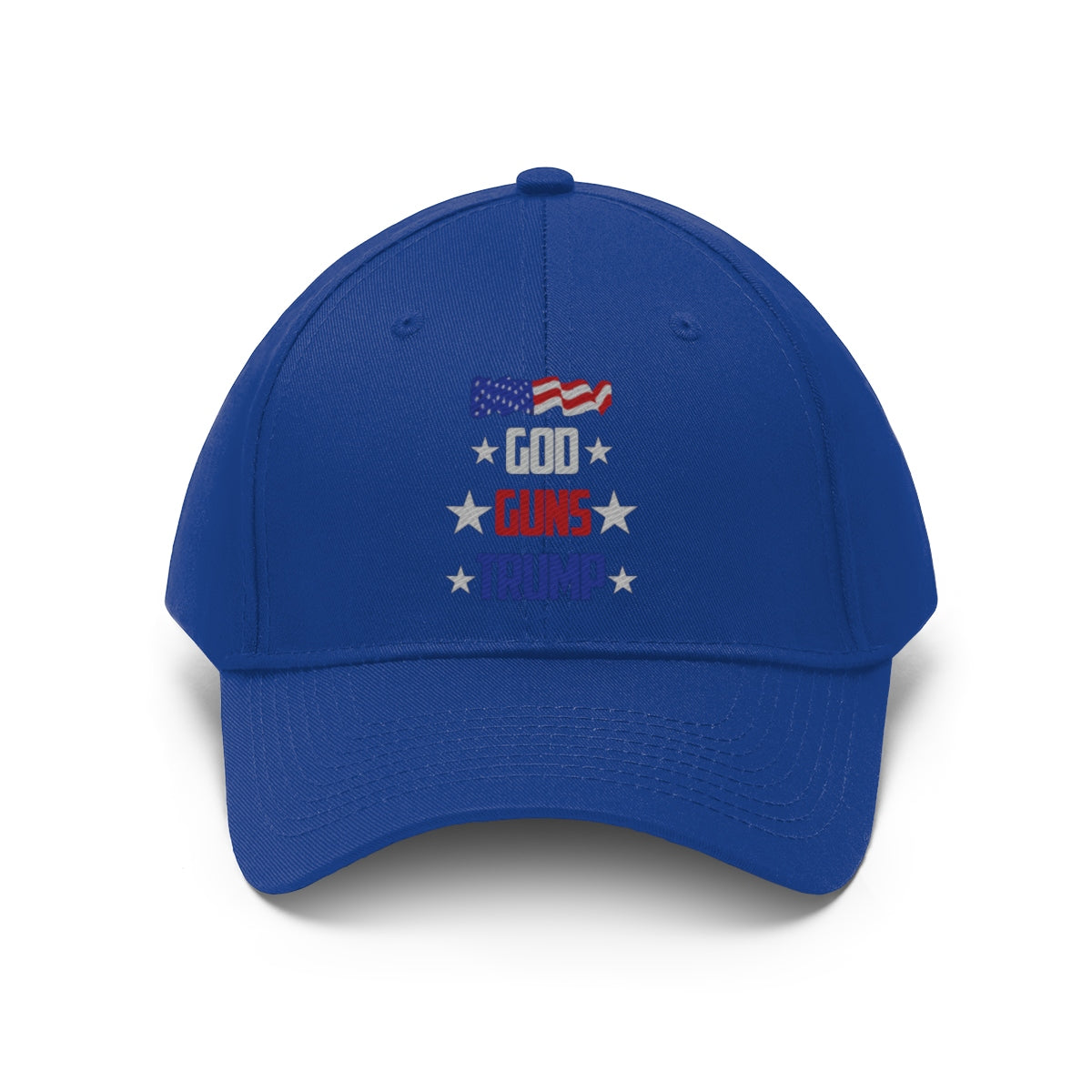 God Guns Trump Patriotic Twill Cap with American flag design on blue background.