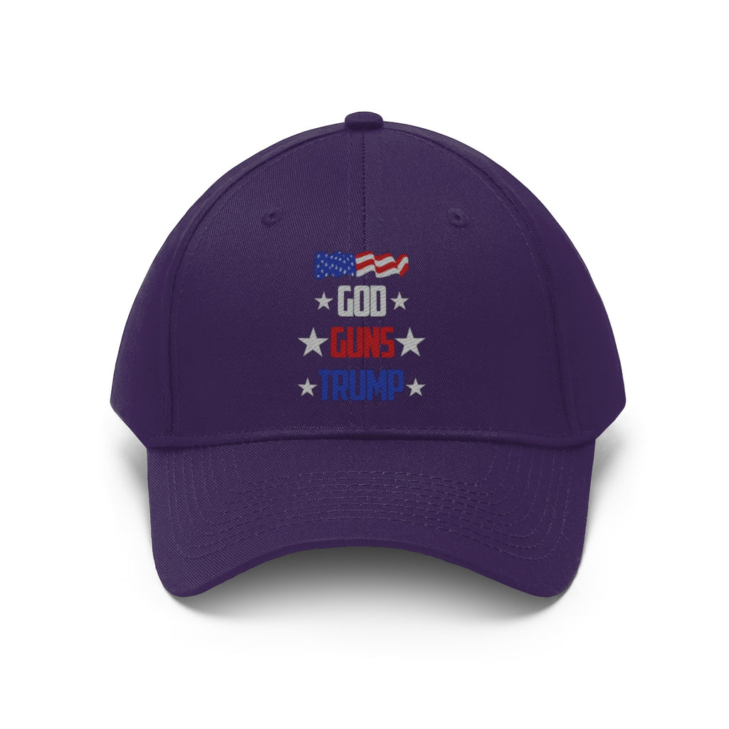 God Guns Trump Patriotic Twill Cap featuring flag design, bold text, perfect for showcasing American values.