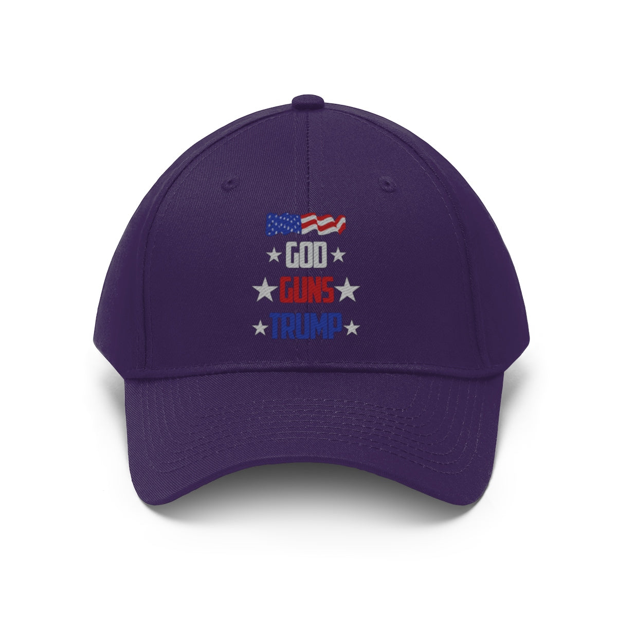 God Guns Trump Patriotic Twill Cap featuring flag design, bold text, perfect for showcasing American values.