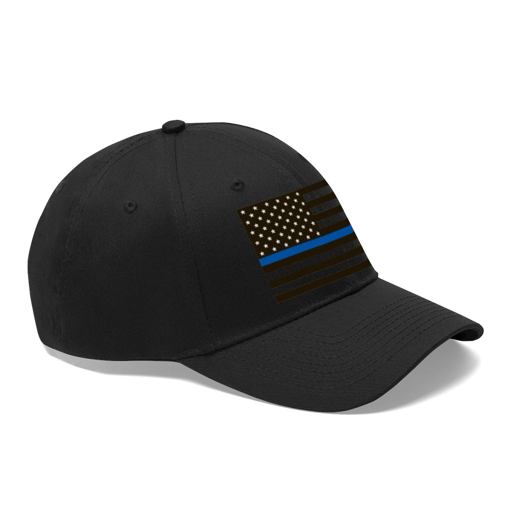 Thin Blue Line American Flag Twill Cap featuring a black hat with a blue line flag design.