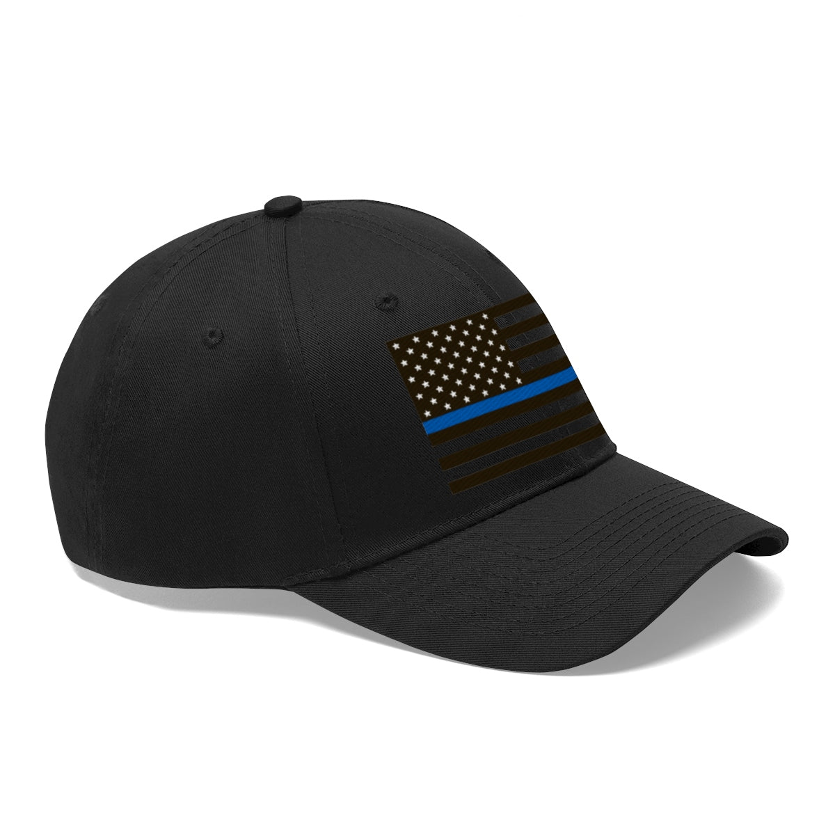 Thin Blue Line American Flag Twill Cap featuring a black hat with a blue line flag design.