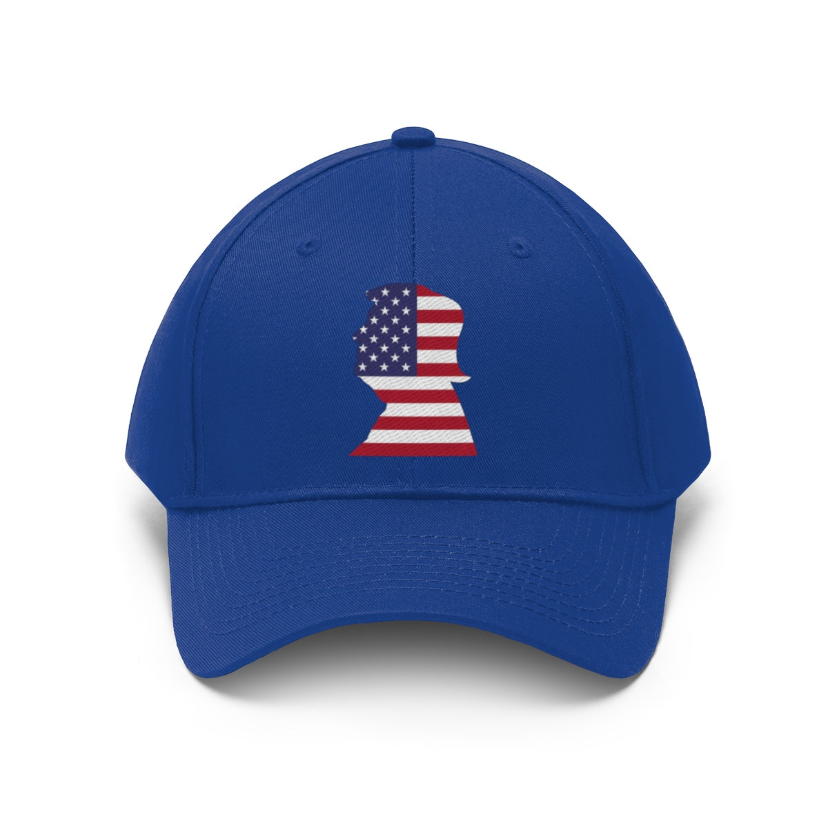 Trump American Flag SilhouetteTwill Cap featuring a blue cap with an American flag silhouette design on the front.
